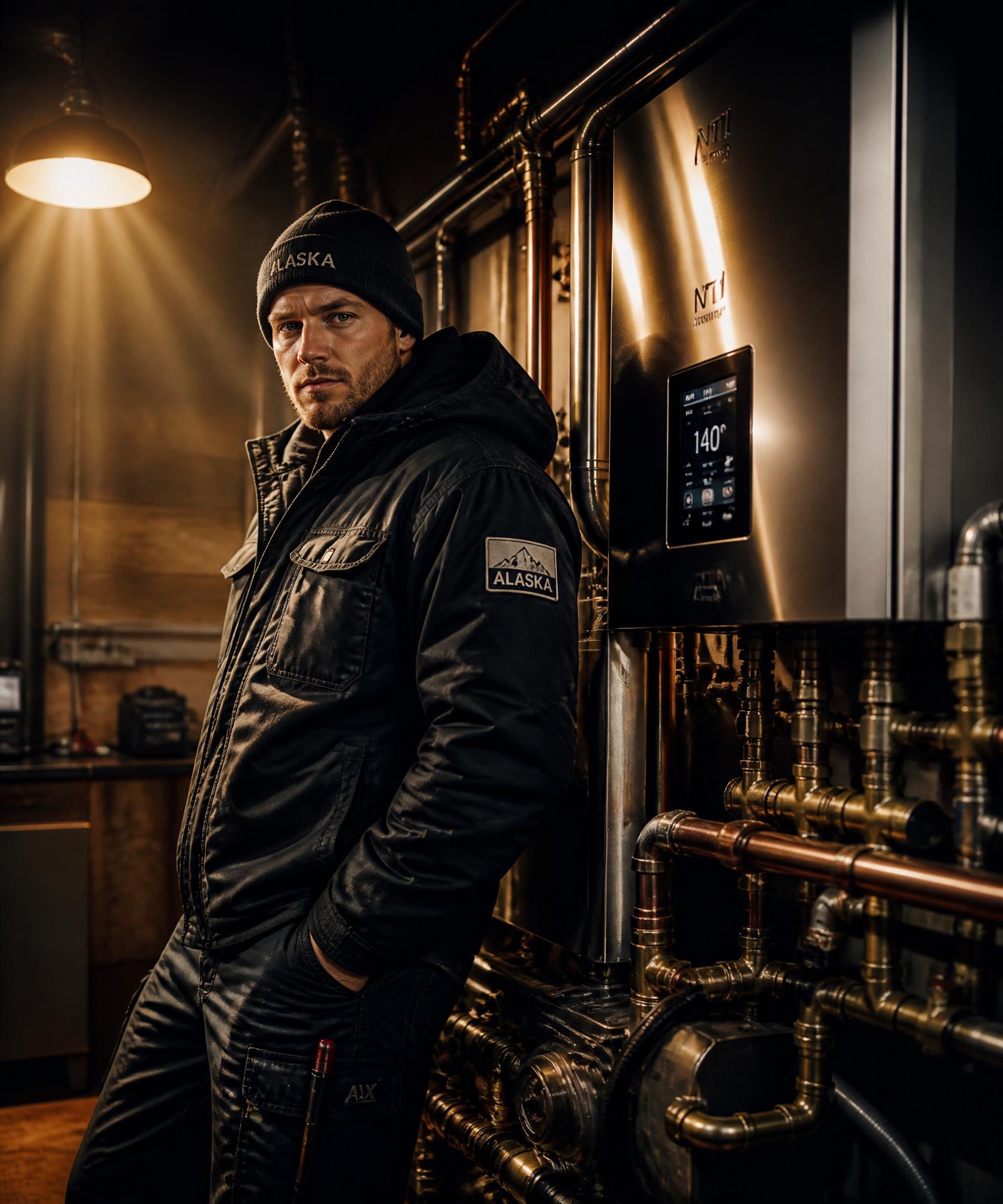 Master technician beside a high-efficiency gas boiler in Fairbanks, Alaska